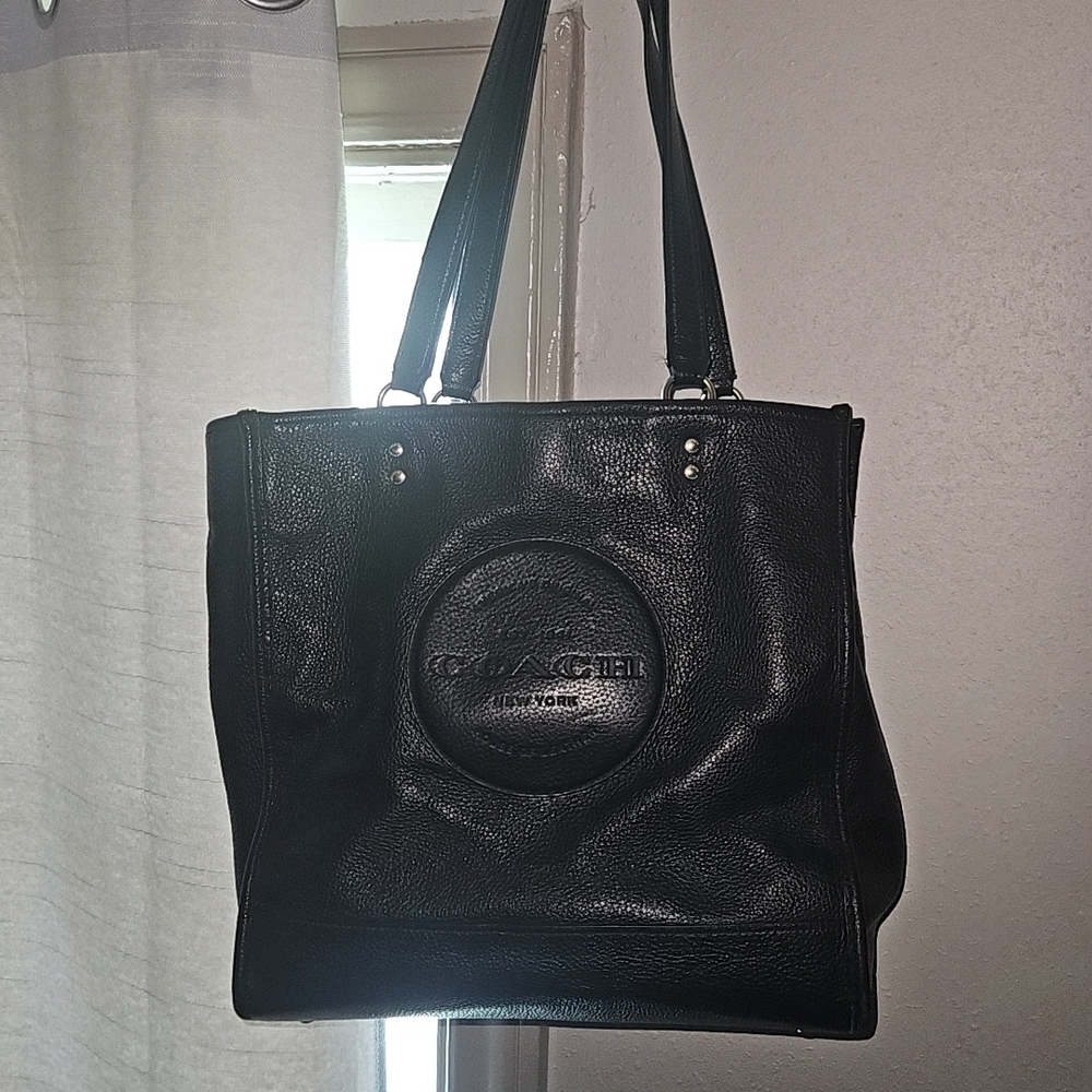 Coach Black Leather Tote Bag with Embossed Logo